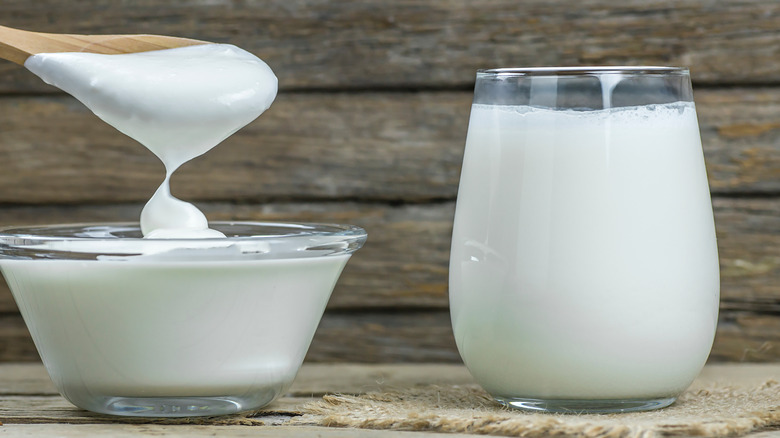 yogurt in bowl and thinned in glass