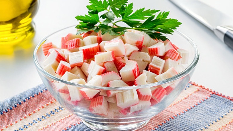 Bowl of imitation crab chunks