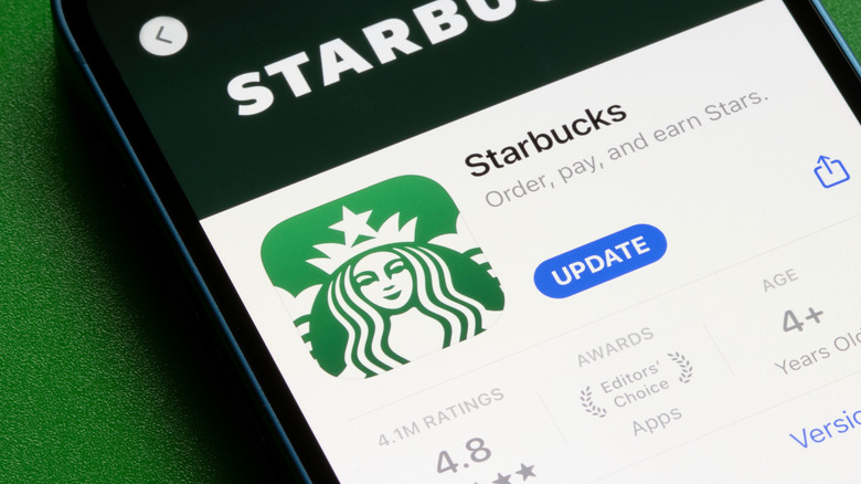 Starbucks app displayed on iPhone, with "update" button next to it
