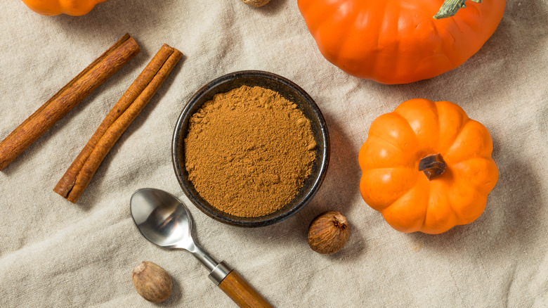 Pumpkin spice in a bowl, surrounded by ingredients