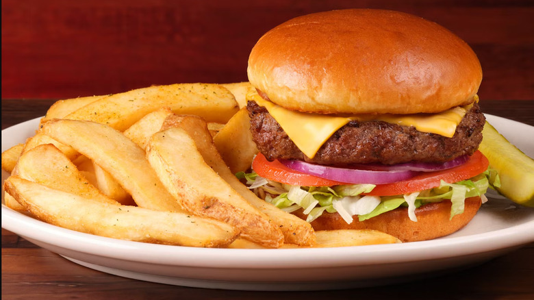 A Texas Roadhouse burger with fries on a white plate