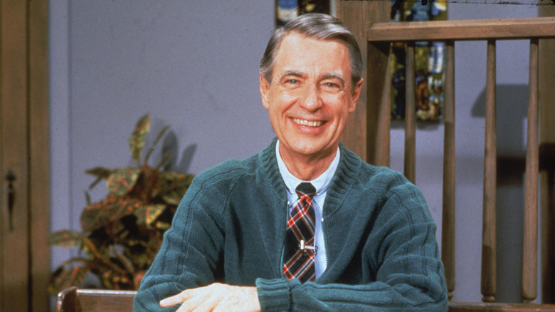 Close up of Mister Rogers on the set of his show