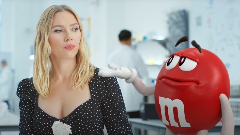 Scarlett Johansson talks to the Red M&M 