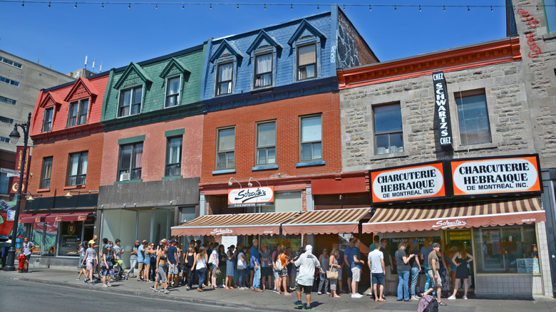 Line forming outside Schwartz's deli in Montreal