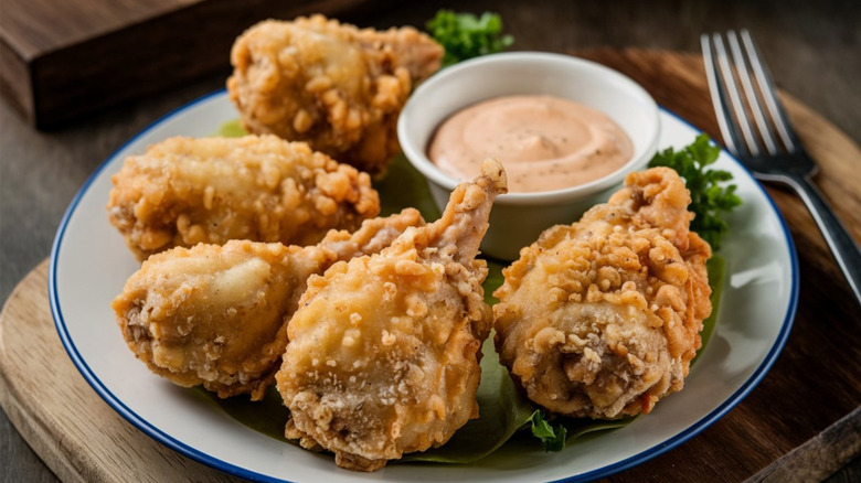 White plate of Rocky Mountain oysters with dipping sauce