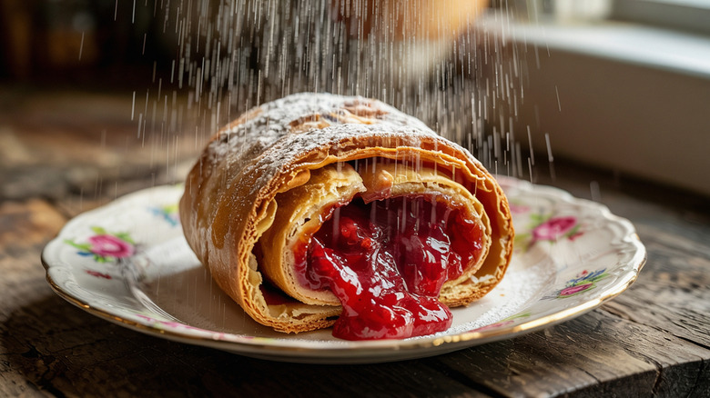 Classic berry roly poly recipe on a plate topped with powdered sugar