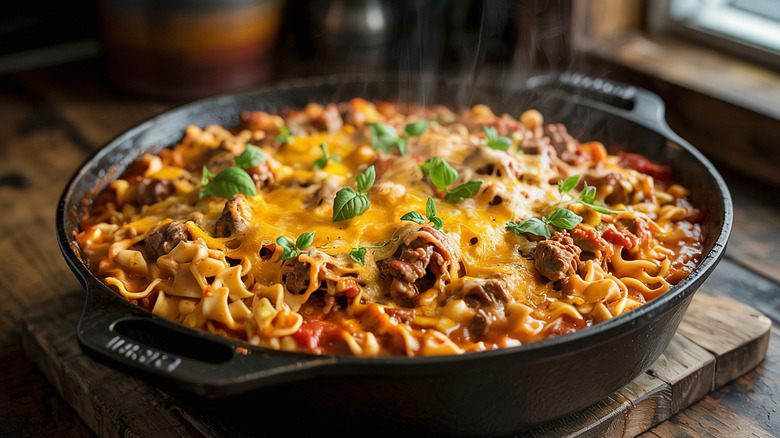 Close up of Johnny Marzetti casserole in a cast iron skillet