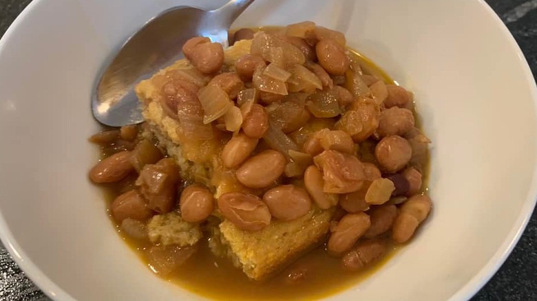 White bowl filled with soup beans