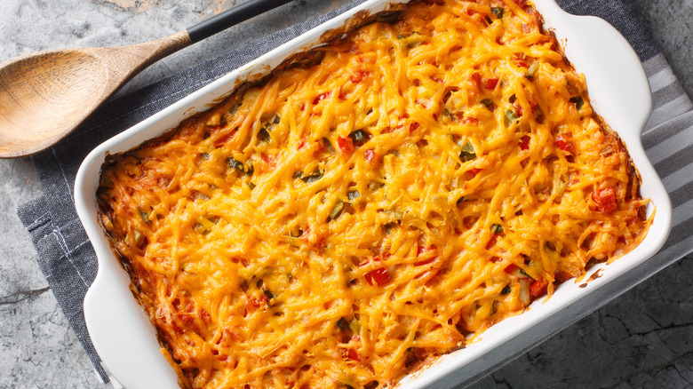 King ranch chicken casserole in white baking dish
