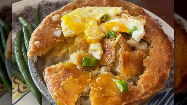 Close up of Virginia onion pie in individual pie tin