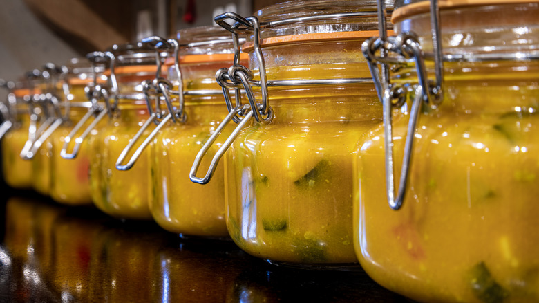Mustard pickles in Kilner jars