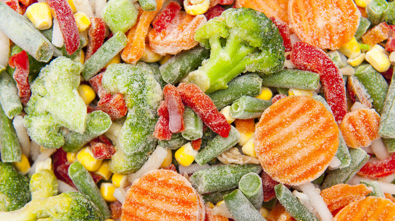Close-up of assorted frozen vegetables of different sizes