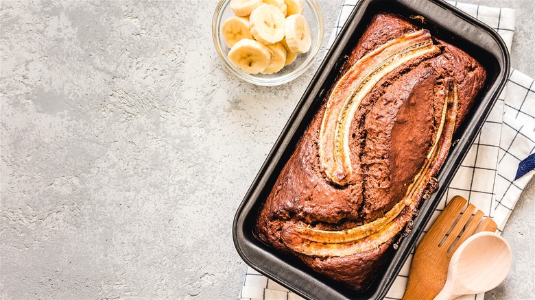 Baked banana bread in loaf pan 
