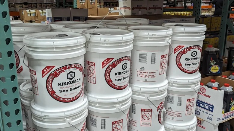Pallet of soy sauce buckets
