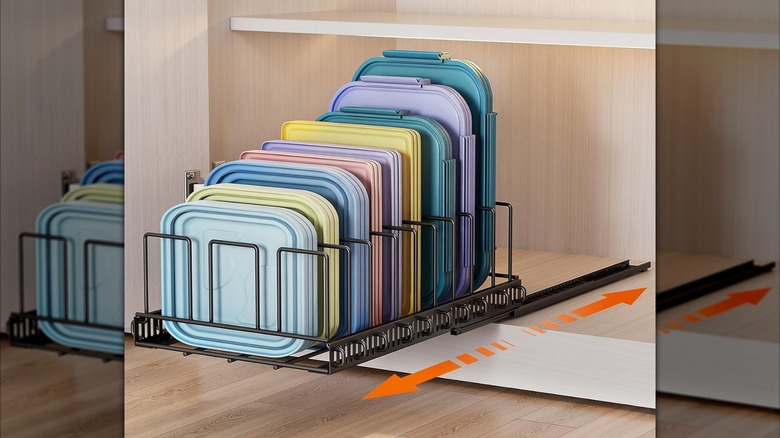 Housolution metal pull-out food container lid organizer with sliding rail