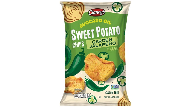 Bag of Garden Jalapeno flavored Avocado Oil Sweet Potato Chips on a white background.