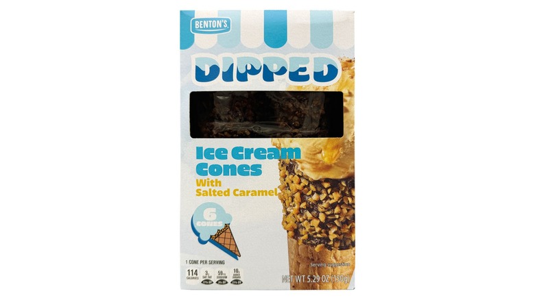 Package of salted caramel Benton's Dipped Ice Cream Cones on a white background.