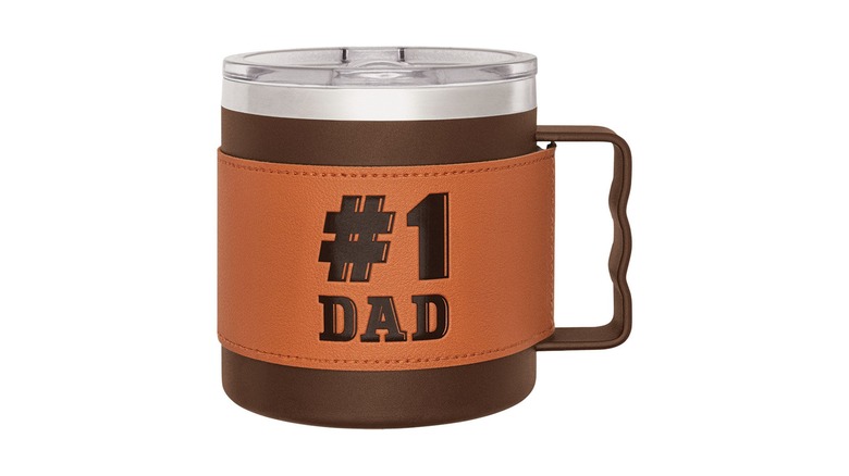 Crofton Leather Wrapped Mug that reads "#1 Dad" on a white background.