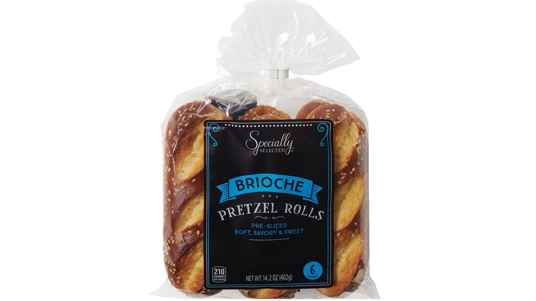 Package of Specially Selected Brioche Pretzel Rolls on a white background.