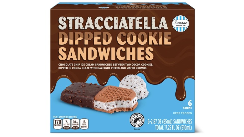 Box of Sundae Shoppe Stracciatella Dipped Cookie Sandwiches on a white background.