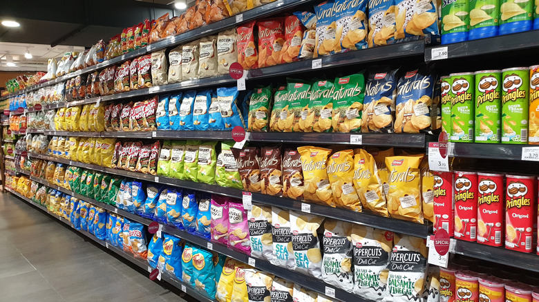 potato chip aisle in grocery store