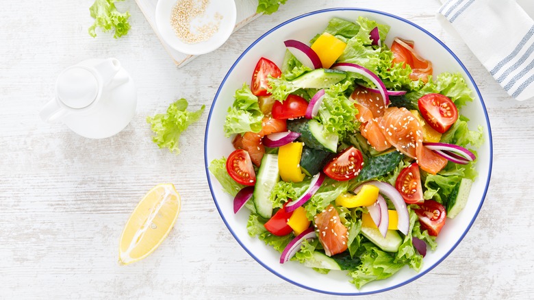 Salad with vegetables and salmon