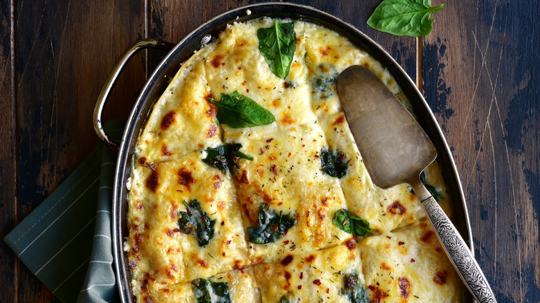 Spinach lasagna in pan