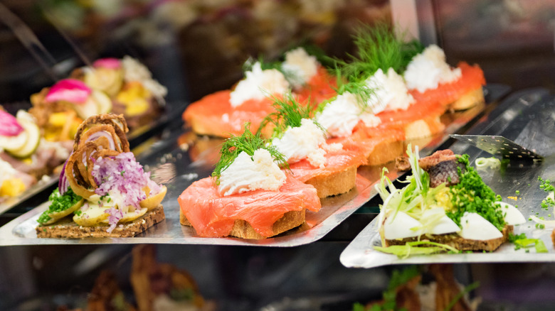 Display case of smørrebrød