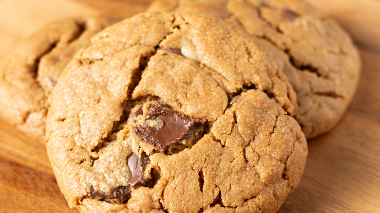 Chocolate chip cookies on wood