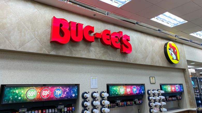 Interior of Buc-ee's with sign above drinks counter