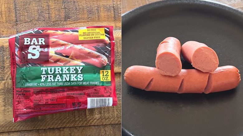 A package of Bar S Turkey Franks next to two of the hot dogs scored on a plate, one of them halved