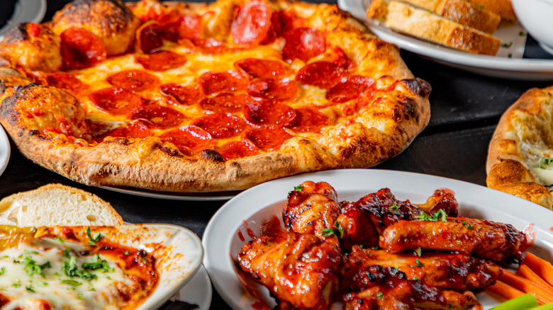 Pepperoni pizza and wings