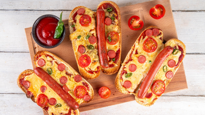 Hot dog bun styled as a pizza