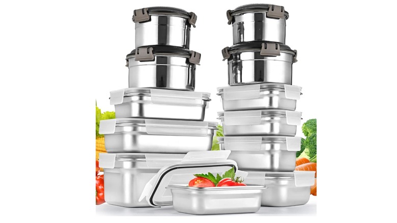 A stack of stainless steel food storage containers