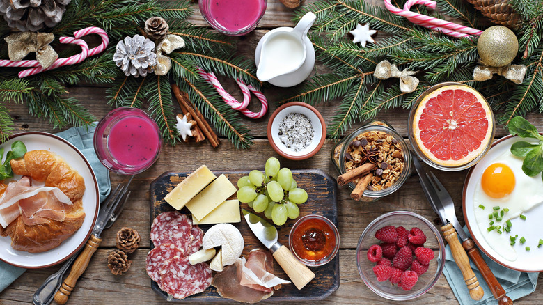 Winter-themed snack spread on table