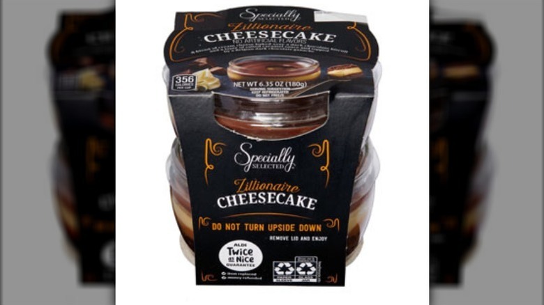 Package of Zillionaire cheesecake on white background
