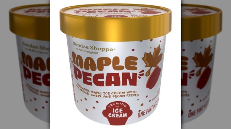 Maple pecan ice cream pint on white background