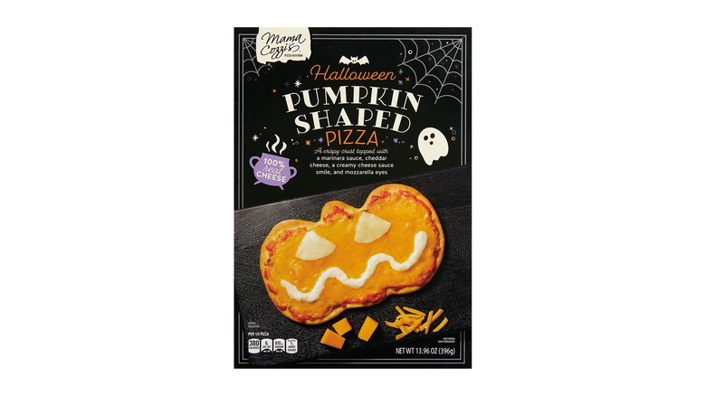 Box of Halloween pumpkin-shaped pizza on white background