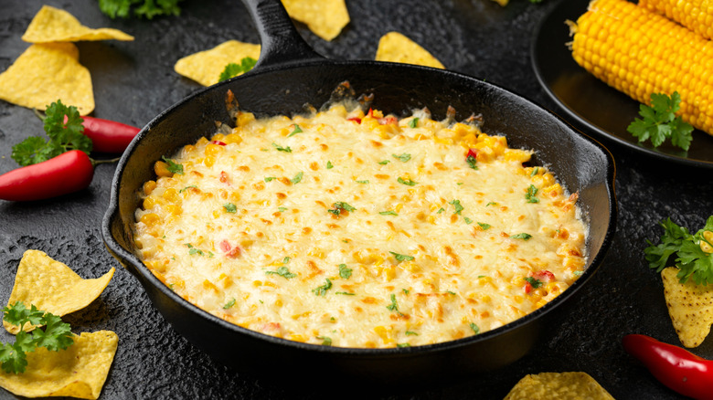 Creamed corn in a cast iron skillet