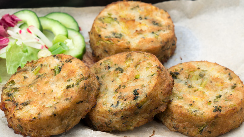 Round bubble and squeak patties, full of green vegetables