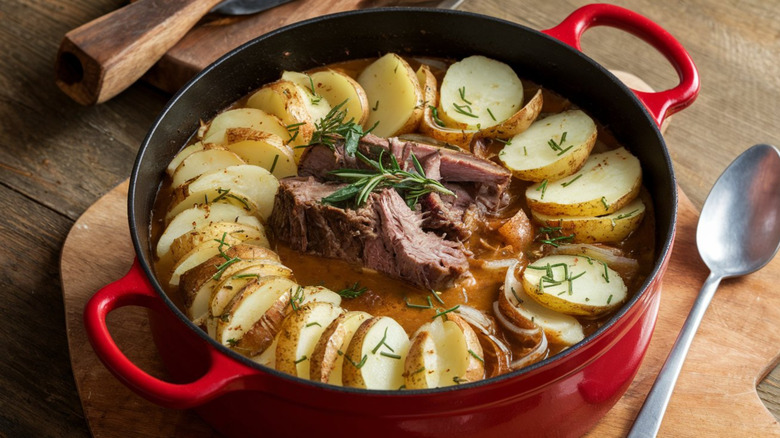 Lancashire hotpot in a metal casserole dish, topped with potatoes and stewed beef