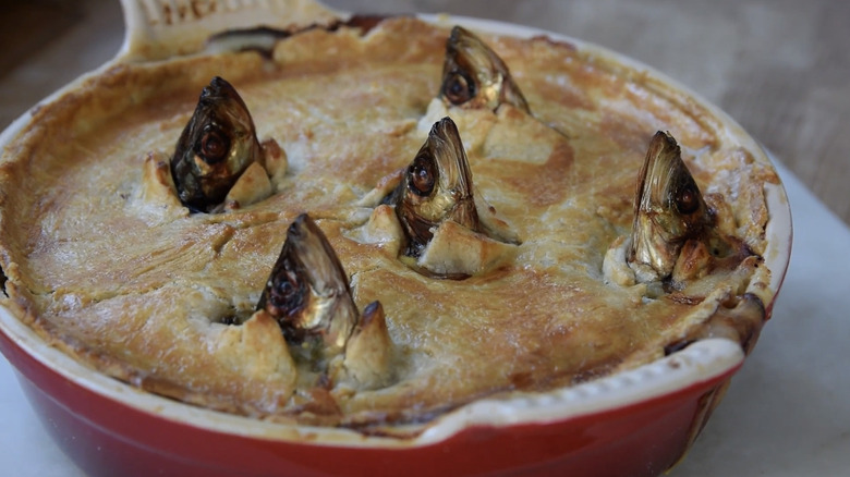 Stargazy pie, with fish heads looking upward out of the crust