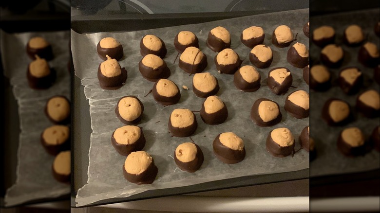 A tray of freshly made buckeye candies