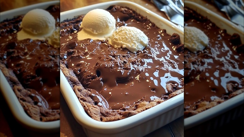 A tray of chocolate cobbler, topped with a scoop of ice cream