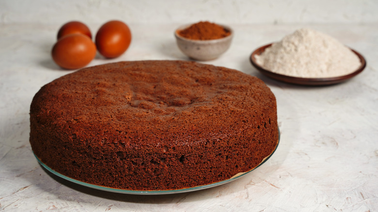 A chocolate sponge cake, with ingredients behind it
