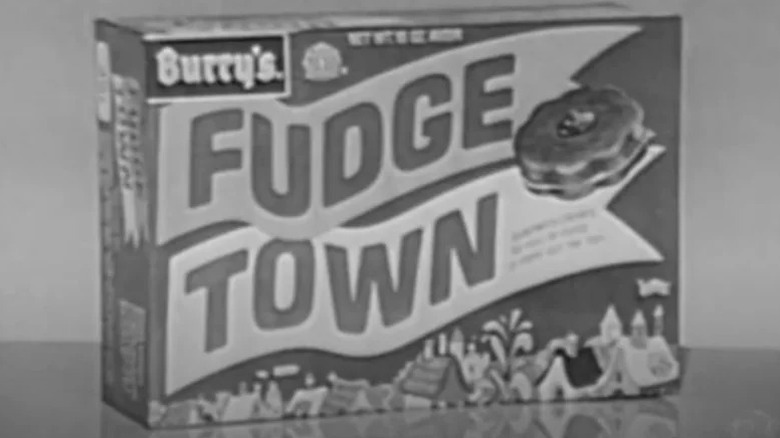Black and white image of a box of Burry's fudgetown cookies