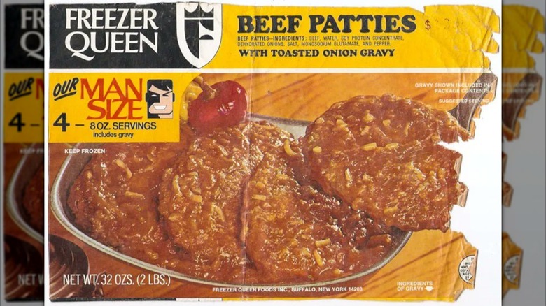 Old label for a Freezer Queen frozen TV dinner, containing beef patties with toasted onion gravy
