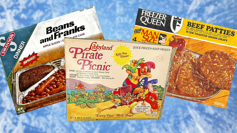 several frozen dinner boxes from swanson, libbyland, and freezer queen