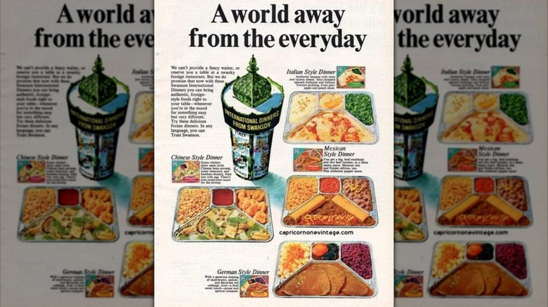 A vintage advertisement for Swanson's International Dinner range, including its Mexican Style Dinner