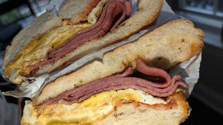 A Taylor ham sandwich, with cheese and egg